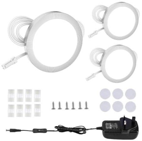 LABOREDUCER Under Cabinet Kitchen Lights 3 Pack, 6000K LED Puck Lights | Wired Under Cupboard Lights with Switch, UK Adapter ＆ 12V Design. Bright Cold White Light for Kitchen, Wardrobe and Cabinets