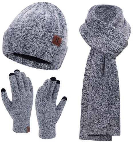 Damen Winter Warm Beanie Mütze Touchscreen Handschuhe und Lang Schal Set mit Fleece Gefütterte, Thermo Wintermütze Strickmütze Schals Winterhandschuhe Strickhandschuhe Frauen Geschenk, Dunkelgrau