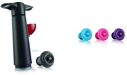 Vacu Vin Wine Saver - Black | 1 x Vacuum Pump + 1 x Vacuum Wine Stopper & Wine Saver Vacuum Stoppers, Set of 3 - Purple/Blue/Pink
