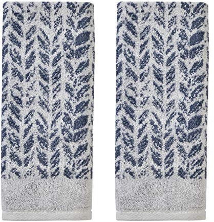 SKL Home Distressed Leaves 100% Turkish Cotton Premium 2-Piece Hand Towel Set, 600 GSM, Soft & Absorbent Jacquard, Decorative for Bath/Kitchen/Bar, Denim Blue