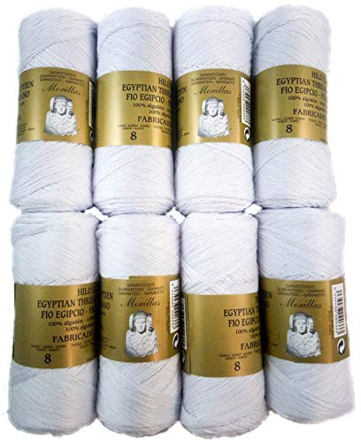 ▷ Pack de Zepelines de Algodón perlé 100% egipcio mercerizado para DIY y tejer a mano labores de ganchillo o punto con un acabado elegante. (8 unidades Perlé N8, Blanco)