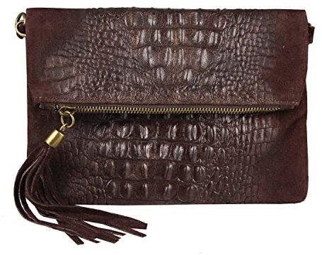 OBC Made in Italy Damen echt Leder Clutch Tasche Kroko Wildleder Handtasche Umhängetasche Ledertasche Schultertasche Fransen Cross-Over (Dunkelbraun)