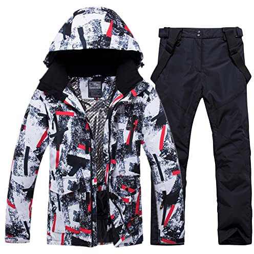 HOTIAN Herren Schneeanzug, Herren Ski Jacke und Hosen Set,Winter Warme Schnee Skifahren Sätze,für Wandern Klettern Isoliertes Snowboarden redwhite+black M