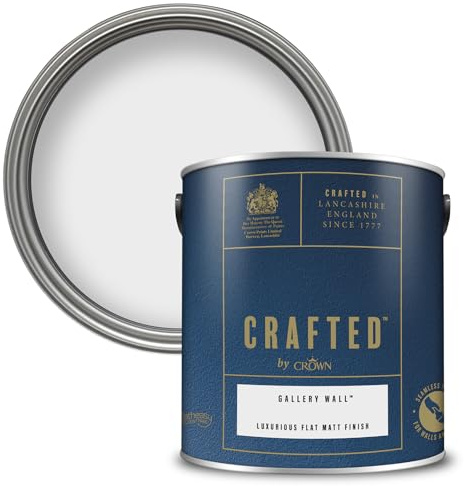 Crown CRAFTED Gallery Wall Matt Emulsion White Paint 2.5L | Cool Off White velvety flat matt finish for interior walls, ceilings & wood. Soft to touch, hides imperfections, low VOC