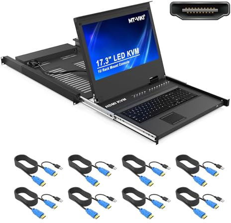 MT-VIKI 1U HDMI LCD KVM Konsole 8 Port mit 17.3'' LCD Monitor für 1HE 19'' 600-800mm Schrank Schublade Hotkey OSD mit 8xKabeln 1920X1080