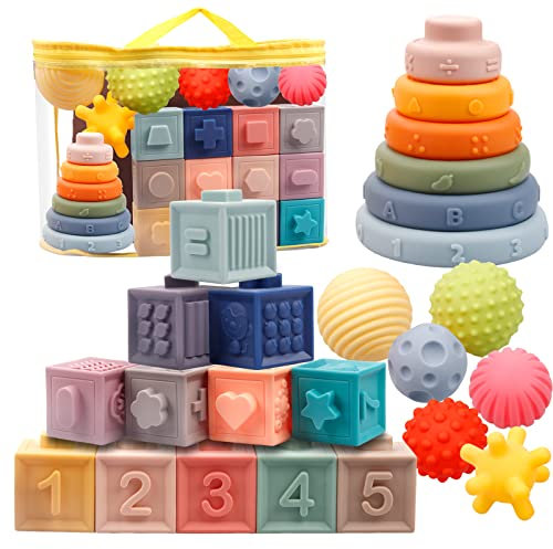 24 Stück Weiche Quetsch Babyspielzeug Set-mit Bälle, Bausteine und Stapelturm, Montessori Sensorik Spielzeug Beißring, Lehrreich Lernspielzeug für Kleinkind ab 6 9 12 Monate 1 Jahre Junge Mädchen