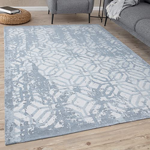 THE RUGS Machine Washable Rug – Geometric Design Rugs for Living Room, Bedroom, Hallway, Flat-weave Area Rugs, (Blue, 80x150 cm)