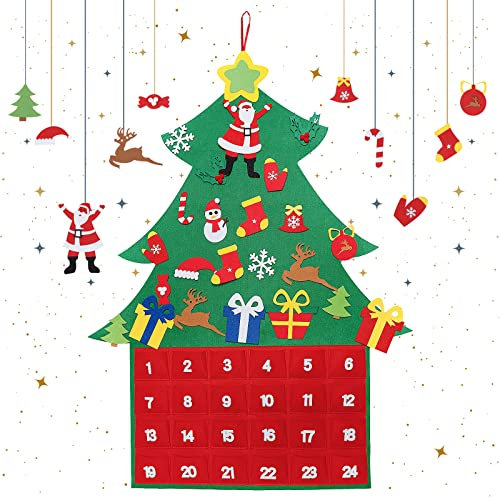 Adventskalender zum Befüllen,24 Countdown Filz-Weihnachtsbaum,für Adventskalender zum Befüllen Kinder&Adventskalender Selber Basteln.ca.120cm,Rot&Grün