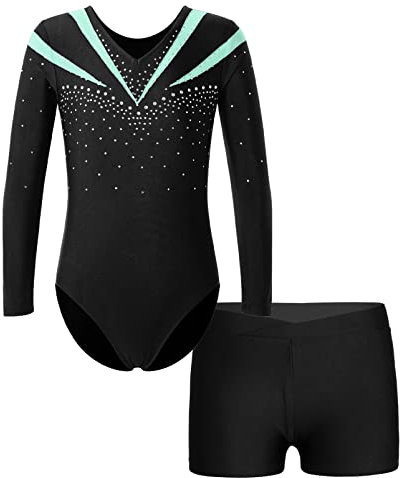 Alvivi Kinder Mädchen Turnanzug Gymnastikanzug Langarm Tanzbody mit Shorts Glitzer Ballettanzug Ballett Trikot Leotard Fitness Sport Training Wettkampf Hell Grün 146-152