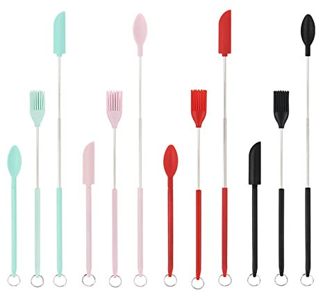 ARMYJY Mini Spatula and Spoon Set, 12Pcs Silicone Telescopic Spatula and Scooping Spoon Scalable Silicone Small Jar Scraper Spatula