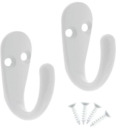 Select Hardware HK0220B 2X Single Robe Coat Hooks with Screws, White, Door & Wall Mountable Clothes Hanger for Bathroom Bedroom Living Room Hallway (Pack of 2)