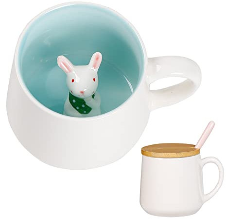 Süße Sachen Keramik Kaninchen Kaffeetasse Teetasse Mit Deckel Löffel Lustige Tassen Geschenke für Frauen Kaffeebecher Porzellan 3D Tasse Personalisiert Cappuccino Tassen Beste Freundin Geschenk