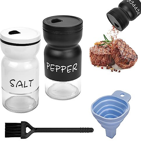 BUENTYA Juego de 2 saleros y pimenteros de cristal vintage, botellas de especias en blanco y negro, juego de agitador, salero de cristal con tapa, cepillo de limpieza, embudo, tarros de especias para