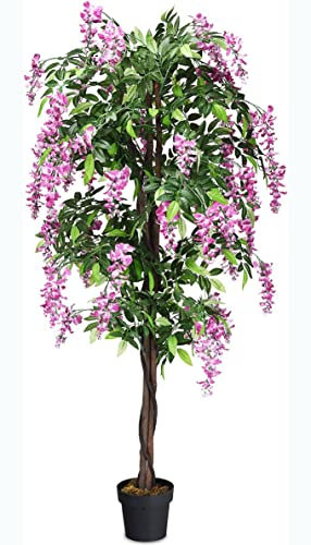 GIANTEX 180 cm Kunstbaum Kunstpflanze, Künstliche Wisteria Glyzinie mit Blüten Rosa, Zimmerpflanze Deko im Zementtopf, künstliche Topfpflanze, Dekopflanze künstliche Innendekoration für Zuhause