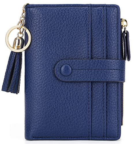 HKCLUF Portefeuille Petit pour Femme, Porte Monnaie Cuir Sac d'argent Femmes RFID Blocage Porte-Cartes avec Pompon Zippé Portefeuilles Nombreux Compartiments(B07-Bleu Foncé)