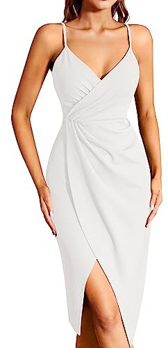 Missufe Vestido de cóctel para mujer, vestido de fiesta, vestido de verano, vestido midi festivo, elegante, bodycon para boda, sin mangas, tirantes finos, vestido de noche, Blanco, L