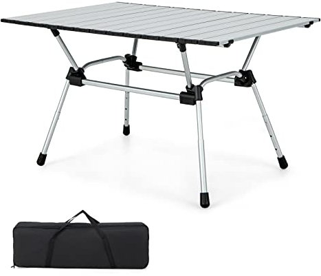 COSTWAY Mesa Plegable Camping para 4-6 Personas, Aluminio, Altura Ajustable 4 Niveles, Bolsa de Transporte, Mesa Plegable Playa Picnics 90 x 60,5 x 42,5-52 cm, Carga 50kg (Plata)