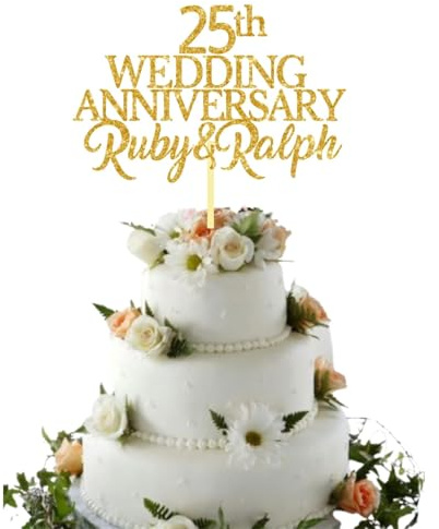 25th Silver Custom Wedding Anniversary with Both Names. Any years any Names Personalised Cake Topper Glitter Card Ruby wedding Anniversary (GLITTER GOLD)