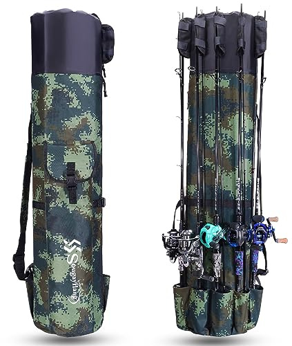 Sougayilang Angelrutentasche aus Segeltuch für Ruten, Organizer, Stangen-Aufbewahrungstasche, Angelruten- und Rollenträger für Reisen, Geschenk für Vater, Freund und Familie, Camouflage