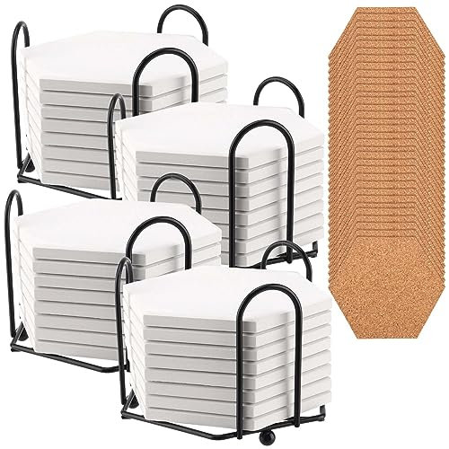 SEUNMUK 32 Pack 4.3 Inch White Ceramic Tiles for Crafts Coasters, Hexagon Unglazed Ceramic Tiles with 32 Cork Backings and 4 Holder, Blank Coasters for Painting, Acrylic Pouring, DIY