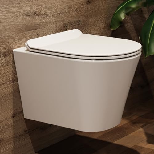 WC Mural Suspendu Sans Bord Avec Couvercle à Abaissement Automatique - Cuvette Profonde à Faible Odeur - Céramique Avec Revêtement Nano - Chasse Monotrou