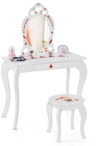 COSTWAY Kinder Schminktisch, Frisiertisch mit Hocker, abnehmbarem Spiegel & Schublade, Frisierkommode Holz, Kosmetiktisch mädchen für Kinder ab 3 Jahren, 72x36x106cm