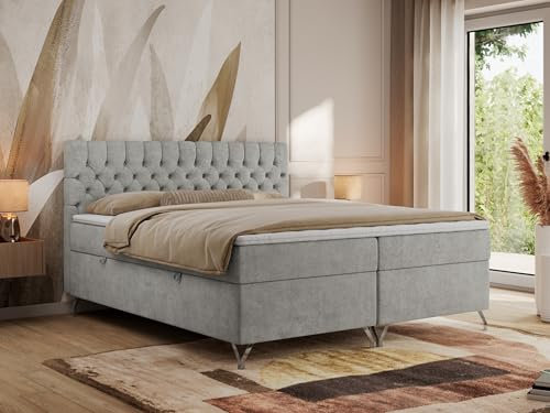 MKS MEBLE Boxspringbett 160x200, Bett 160x200 mit Matratze H3, Boxspringbett 160x200 mit Bettkasten und Topper, Polsterbett 160x200 Füße - GRIMALDI - 160x200 - Hellgrau Struktur - H3