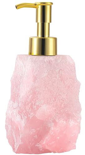 Spaceneat Distributeur de savon en cristal de quartz rose avec pompe en acier inoxydable plaqué or – Distributeur de savon en pierre naturelle – Distributeur de savon en cristal rose pour salle de