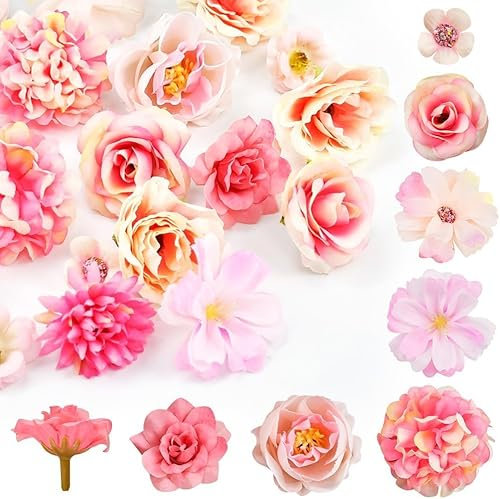 ADERTOS 20 Stück Künstliche Blumen Kunstblumen Köpfe Rosa Seidenblumen Köpfe Deko Kunstblumenköpfe Mini Blütenköpfe Blumenköpfe für Hochzeit Home Basteln Scrapbooking Deko