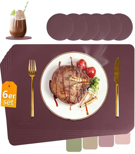 HELI MIAO Tischsets Abwaschbar,Platzsets Abwischbar,Tischset Leder,Hitzebeständig Doppelseitigen I 6er Set Platzdeckchen Lederoptik mit Untersetzer,Tischuntersetzer,PlatzdeckenWeinrot