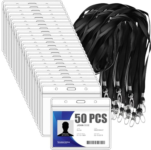 LOPYXBR 50 Set Ausweishülle mit Band, Transparent Kartenhalter mit Band, PVC Ausweishalter Kartenhülle mit Band Schwarz Lanyard mit Kartenhülle für Ausweisclip Schulen Studenten Mitabeiter