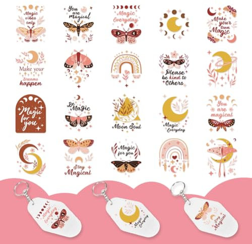 GOMAKERER 10 Blatt UV DTF Wrap Aufkleber - Magisches Thema mit Schmetterling, Mond, Regenbogen & Stern - PVC Material - Boho Stil - Ideal für Schlüsselanhänger, Motel, Laptop, etc.