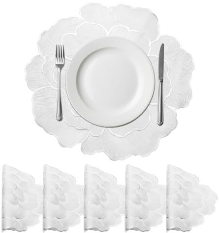 sourcing map Lot de 6 sets de table ronds en polyvinyle pressé avec bords argentés et roses blanches pour table à manger, napperons lavables pour décoration de table à manger (38 x 38 cm)