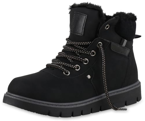 VAN HILL Damen Stiefeletten Worker Boots Warm Gefüttert Strick Profilsohle
