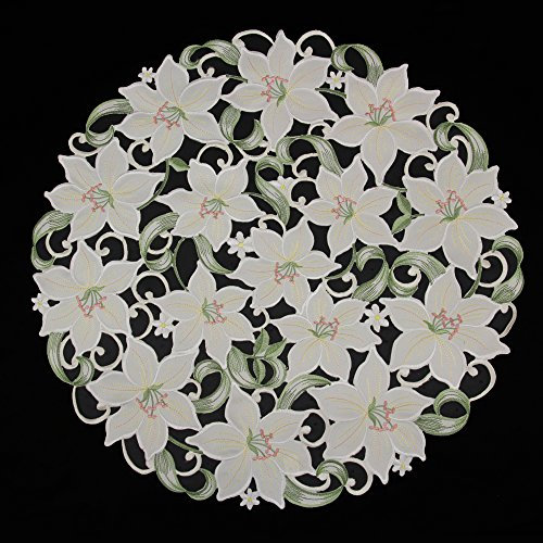 Quinnyshop Weiße Lilie Stickerei Tischdecke Tischläufer Mitteldecke Deckchen Größe wählbar Polyester, Weiß Grün (Rund 60 cm)