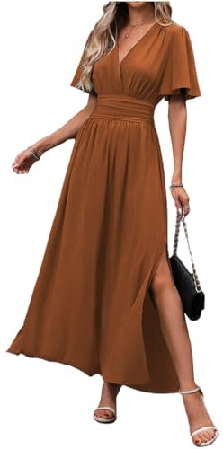 LUVCES Femme Robe Elegante Col en V Taille Haute Robe Longue d'été Plissée Manches Papillon Fente Latérale Froncée Robes pour Soirée Mariage Fête Caramel M