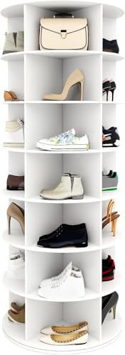 7-Tier Rotating Shoe Rack Tower – 360° Free-Standing Round Shoe Organizer with Rotating Shelves for Shoes & Handbags (White)