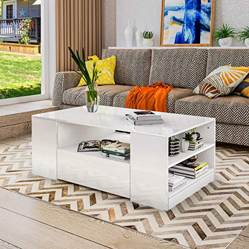 Komtopod Couchtisch, Moderner Couchtisch, Wohnzimmertisch mit 2 Schubladen & Offenes Regal All Hochglanz Kaffeetisch Rechteck Wohnzimmermöbel 95x55x37cm (ohne LED, Weiß)