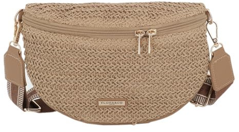 Sac Banane Paille Tressée Femme - Sac à Bandoulière Tissé en Rotin - Besace De Plage d’Été Porté Épaule Portrine - Bohème Tendance (Camel)