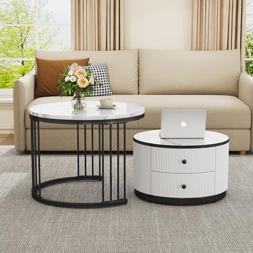 LANTRO JS Couchtisch Rund 2er Set, Satztisch, Moderner, 2 Schubladen,Beistelltisch mit Marmoroptik für Wohnzimmer, Schlafzimmer,Balkon,Schwarz und Weißrahmen