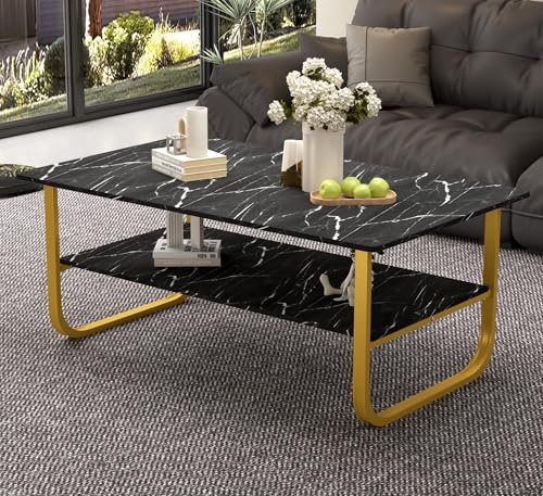 GOLDFAN Table Basse Marbre à 2 Niveaux Rectangulaire, Table Centrale de Salon en Bois avec Rangement Moderne et Pieds Doré Le Salon Chambre Bureau, 100 x 60 cm (Noire)