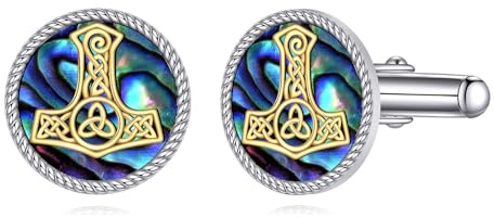 Thors Hammer Manschettenknöpfe Herren 925 Sterling Silber Abalone Muschel Mjölnir Cufflinks for Men Keltischer Wikinger Schmuck Geschenk für Vater Männer Business