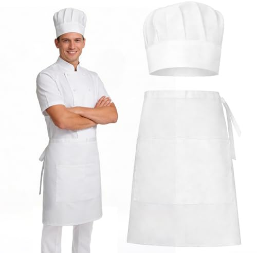 Kochmütze und Schürze für Erwachsene, Kochschürze Kochmütze Herren Damen, Verstellbare Koch Schürze Latzschürze, Weiß kochmützen Backschürze, Koch Kostüm für Bäcker Küche Hause Restaurant Karneval