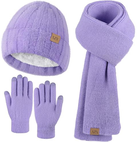 VZV Wintermütze, Schal, Handschuhe-Set: Warme Kashmir-Strickmütze, Damen Langer Schal, Touchscreen-Winterhandschuhe, Geschenke für Frauen​​ (Veilchen, Einheitsgröße)