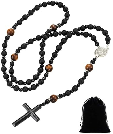 WIRZUL Katholische Rosenkranz-Kreuzkette für Männer und Frauen, Rosenkranzkette aus Vulkangestein und Obsidian, geeignet für katholische christliche religiöse Sakramente, Taufe, Messe, Bibel