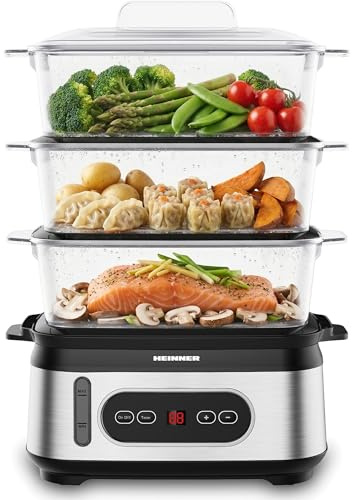 HEINNER Dampfgarer Elektrisch 9L, 3 Ebenen BPA-frei, LED-Display, Digitaler Timer 0–90 Min, Startvorwahl 12 Std, Abschaltautomatik, Spülmaschinengeeignet, inkl, 950 W, Modell ONE STEAM HSA-D950SS