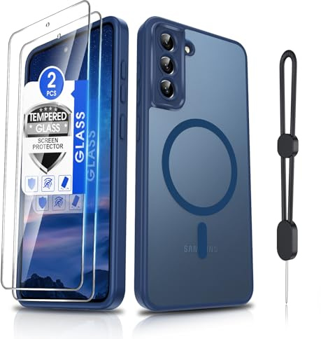 Dizn for Galaxy S21 FE-5G Phone Case: Samsung S21 FE Case with 2pc Tempered Glass Film, Wireless Charging Matte Translucent Soft-Touch & Full Body Shockproof para Phone Case Galaxy S21 FE,Blue