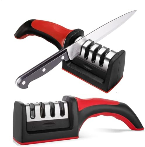 Knife Sharpeners 4 in1 for Kitchen Knives– Stainless Steel – Ergonomic and Easy to Use Knife Sharpening Kit with 4 Stage Sharpening Slots 1 Pack