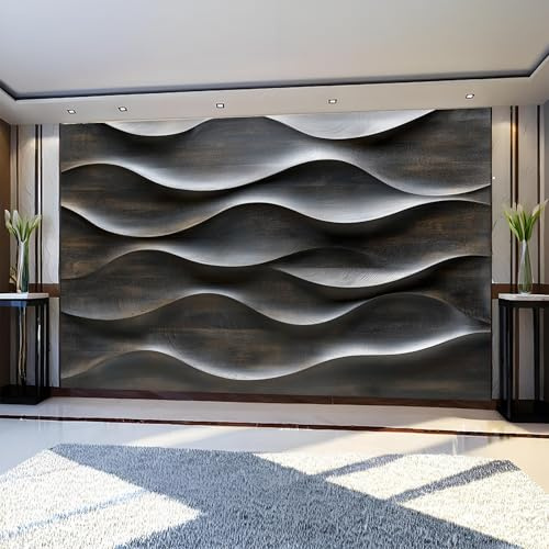 Papier Peint Intissé Panoramique Lignes en bois en relief 300 x 210 cm Fresque Murale Gris-Noir pour Salon Chambre Fond TV Décoration