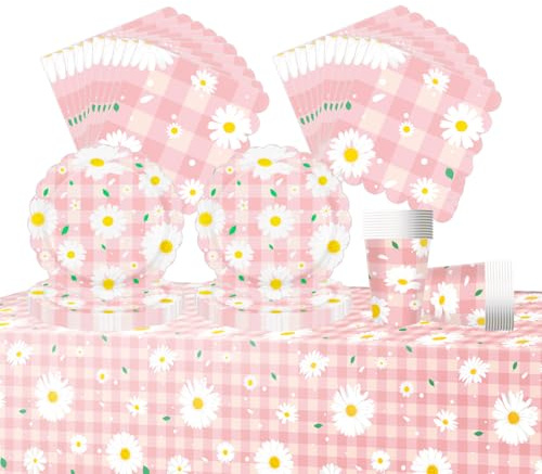 Fuwraixis margherita Stoviglie per feste, 61 pezzi Crisantemo rosa Stoviglie per compleanni per bambini, Tema floreale Set di piatti di carta per feste, Compresi bicchieri, tovaglioli e tovaglie
